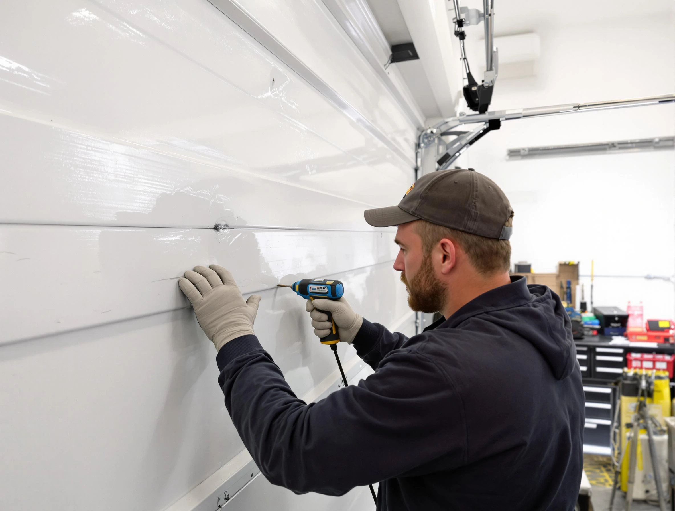 Fort Lauderdale Garage Door Repair technician demonstrating precision dent removal techniques on a Fort Lauderdale garage door